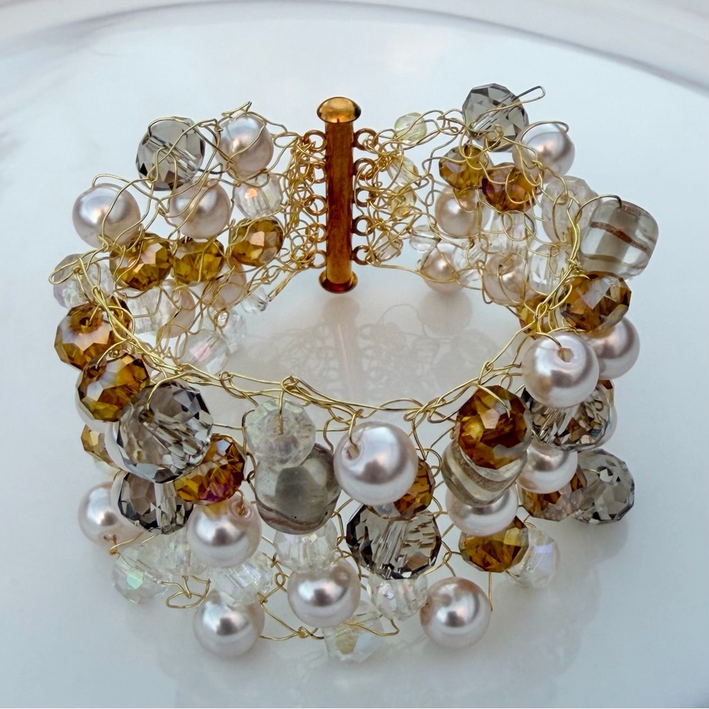 Crocheted Gold Wire, Faux Pearl and Crystal Beads Statement Cluster Bracelet
